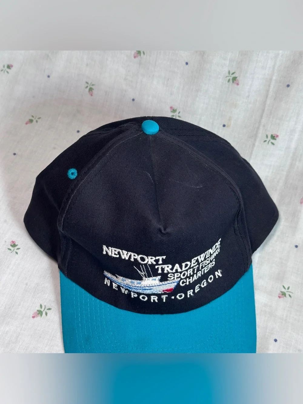 Vintage 90s Black Newport Tradewinds Sport Fishing SnapBack Hat Two Tone Teal